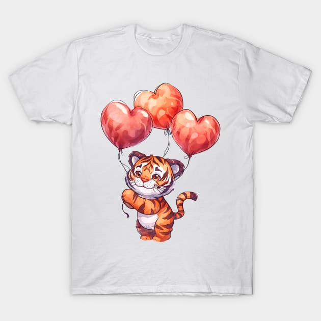 Valentine Tiger Holding Heart Shaped Balloons T-Shirt by Chromatic Fusion Studio